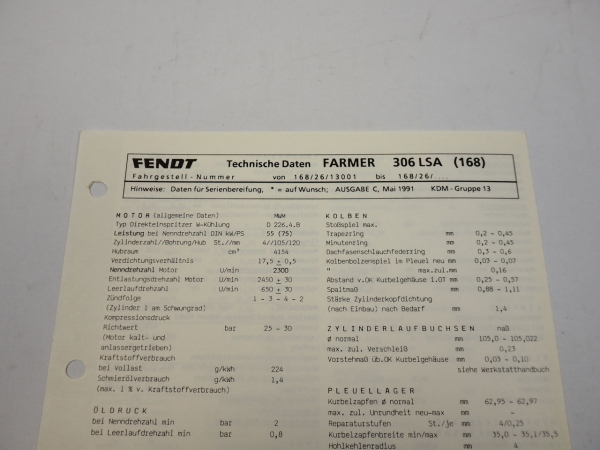 Fendt Farmer 306 LSA 168 Werkstatt Datenblatt Anzugswerte Technische Daten 1991