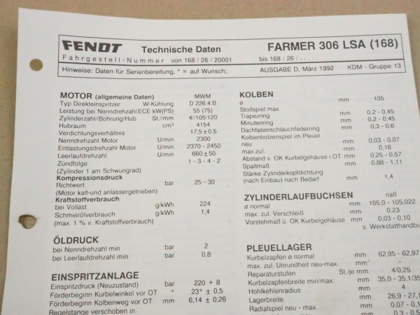 Fendt Farmer 306 LSA 168 Werkstatt Einstellwerte Technische Daten 1992