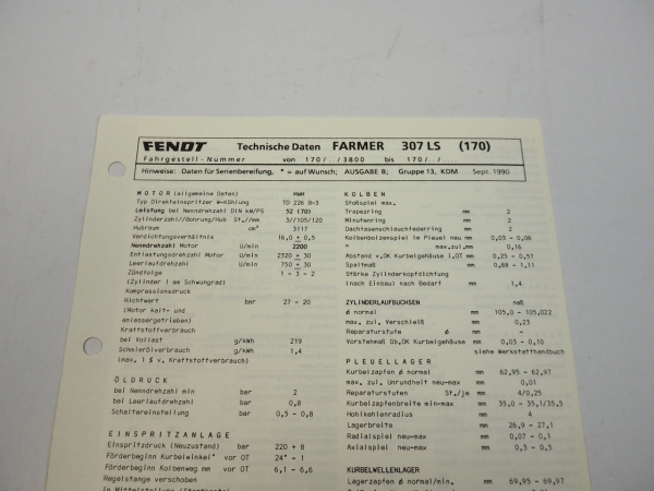 Fendt Farmer 307 LS 170 Datenblatt Anzugswerte Technische Daten 1990