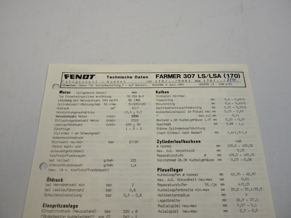 Fendt Farmer 307 LS LSA 170 Datenblatt Anzugswerte Technische Daten 1985