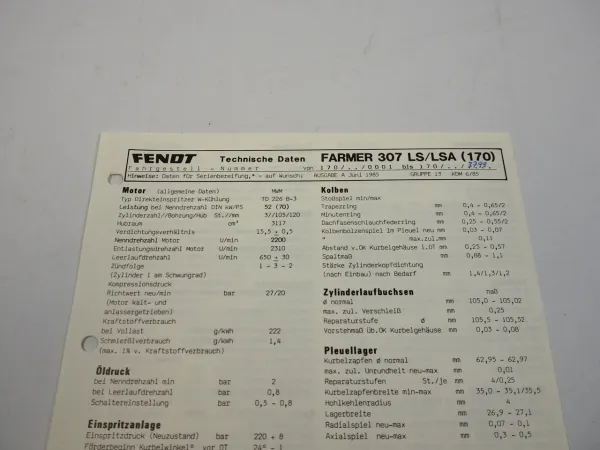 Fendt Farmer 307 LS LSA 170 Datenblatt Anzugswerte Technische Daten 1985
