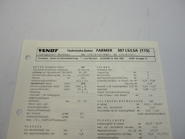Fendt Farmer 307 LS LSA 175 Datenblatt Anzugswerte Technische Daten 1991