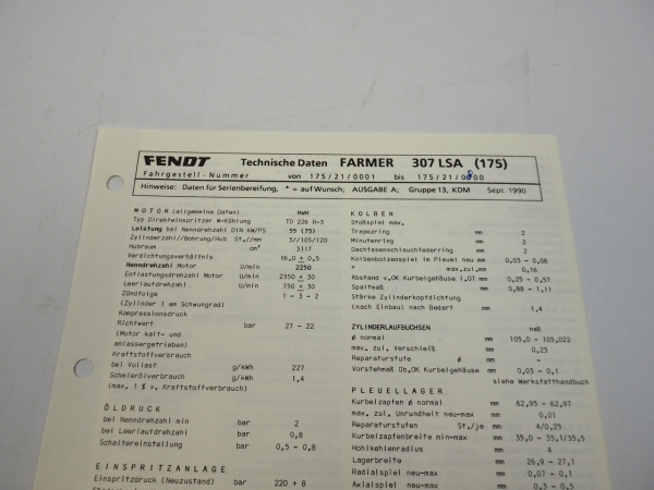 Fendt Farmer 307 LSA 175 Werkstatt Datenblatt Anzugswerte Technische Daten 1990