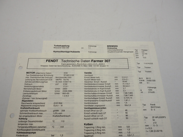 Fendt Farmer 307 Werkstatt Datenblatt Anzugswerte Technische Daten 1999