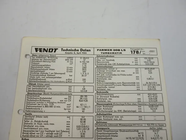 Fendt Farmer 308 LS 178 Turbomatik Datenblatt Anzugswerte Technische Daten 1982