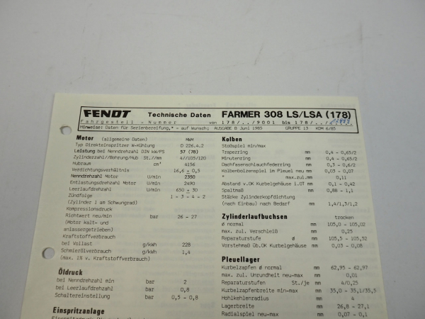 Fendt Farmer 308 LS LSA 178 Datenblatt Anzugswerte Technische Daten 1985