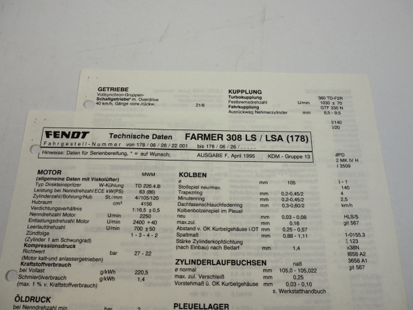 Fendt Farmer 308 LS LSA 178 Werkstatt Einstellwerte Technische Daten 1995