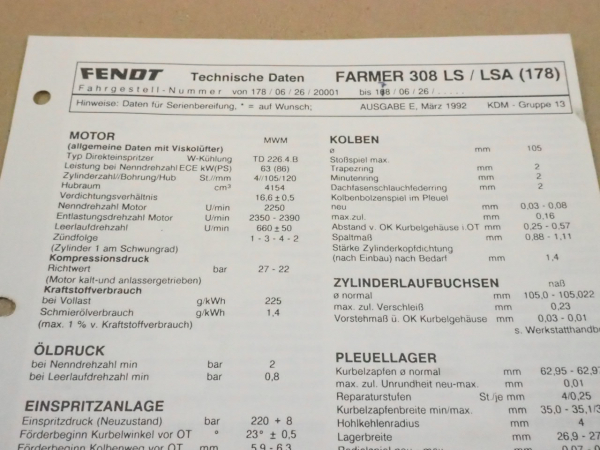 Fendt Farmer 308 LSA 178 Werkstatt Einstellwerte Technische Daten 1992