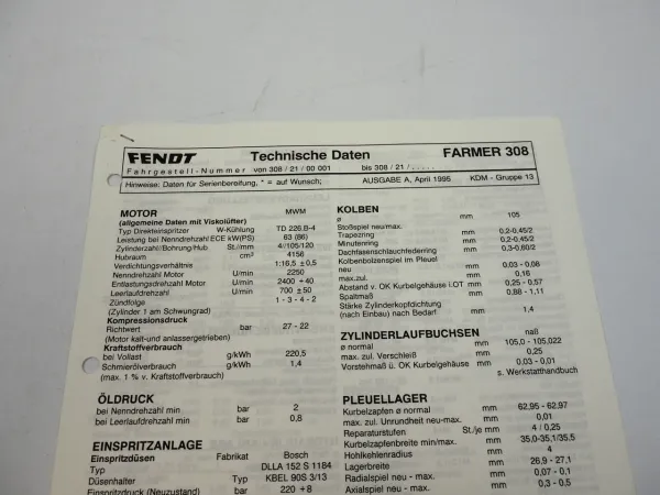 Fendt Farmer 308 Werkstatt Datenblatt 1995 Anzugswerte Technische Daten