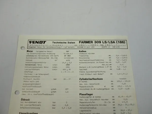 Fendt Farmer 309 LS LSA 186 Datenblatt Anzugswerte Technische Daten 1985