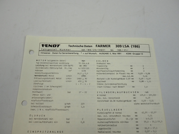 Fendt Farmer 309 LSA 186 Werkstatt Datenblatt Anzugswerte Technische Daten 1991