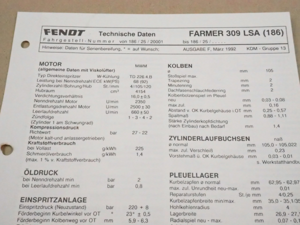 Fendt Farmer 309 LSA 186 Werkstatt Einstellwerte Technische Daten 1992