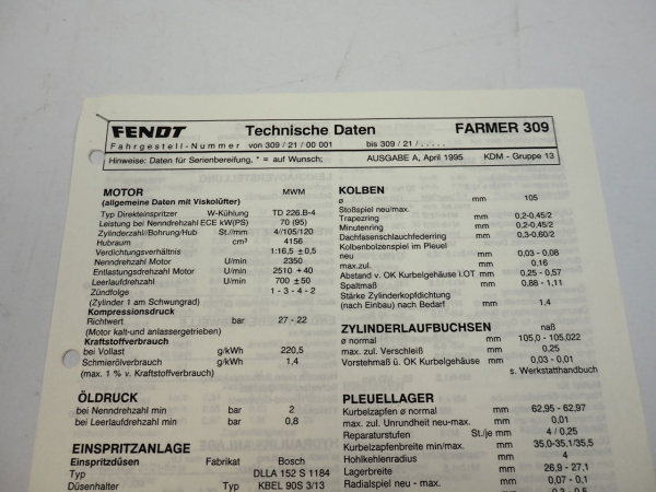 Fendt Farmer 309 Werkstatt Datenblatt 1995 Anzugswerte Technische Daten