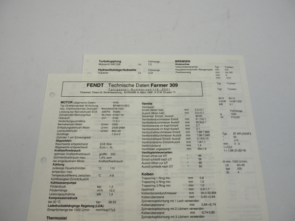 Fendt Farmer 309 Werkstatt Datenblatt Anzugswerte Technische Daten 1999