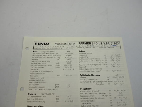 Fendt Farmer 310 LS LSA 192 Datenblatt Anzugswerte Technische Daten 1988
