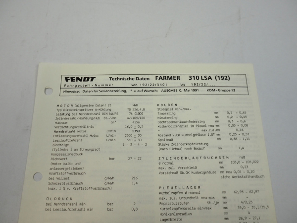 Fendt Farmer 310 LSA 192 Werkstatt Datenblatt Anzugswerte Technische Daten 1991