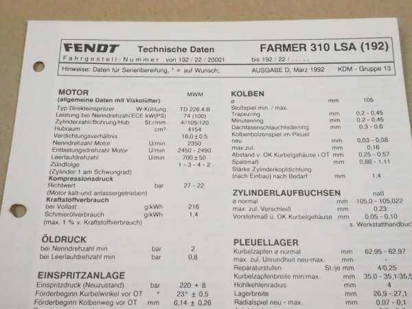 Fendt Farmer 310 LSA 192 Werkstatt Einstellwerte Technische Daten 1992