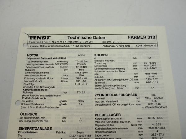 Fendt Farmer 310 Werkstatt Datenblatt 1995 Anzugswerte Technische Daten