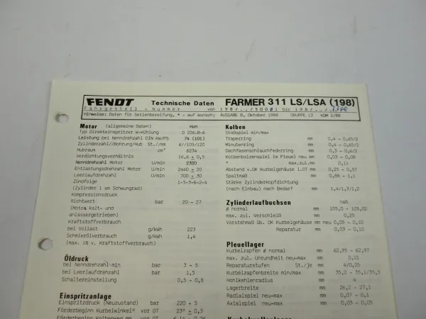 Fendt Farmer 311 LS LSA 198 Datenblatt Anzugswerte Technische Daten 1988