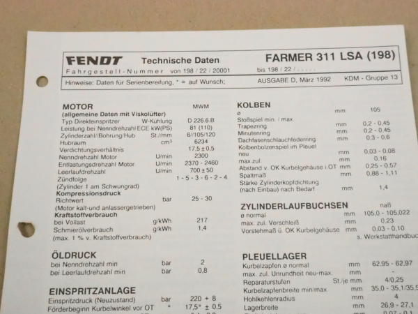 Fendt Farmer 311 LSA 198 Werkstatt Einstellwerte Technische Daten 1992