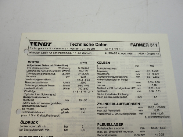 Fendt Farmer 311 Werkstatt Datenblatt 1995 Anzugswerte Technische Daten