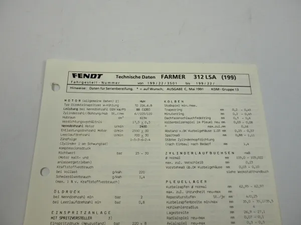 Fendt Farmer 312 LSA 199 Werkstatt Datenblatt Anzugswerte Technische Daten 1991