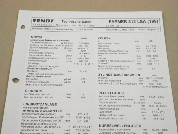 Fendt Farmer 312 LSA (199) Werkstatt Einstellwerte Technische Daten 1992