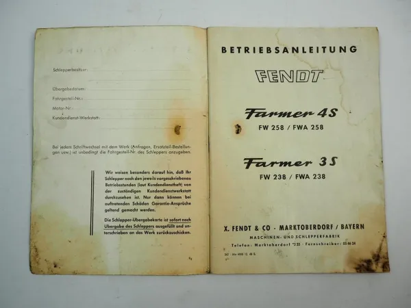 Fendt Farmer 3S 4S Betriebsanleitung Bedienungsanleitung 1968
