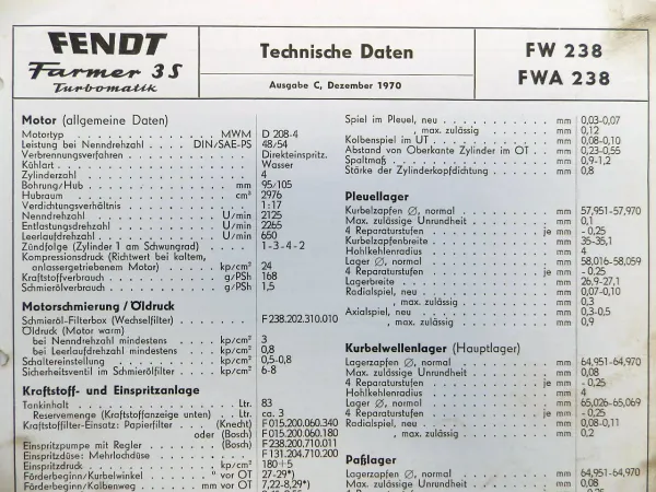 Fendt Farmer 3S Turbomatik FW 238 FWA 238 Technische Daten Datenblatt 12/1970