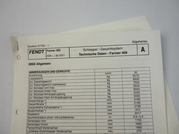 Fendt Farmer 409 Werkstatt Datenblatt 2002 Technische Daten Anzugswerte ab 3001
