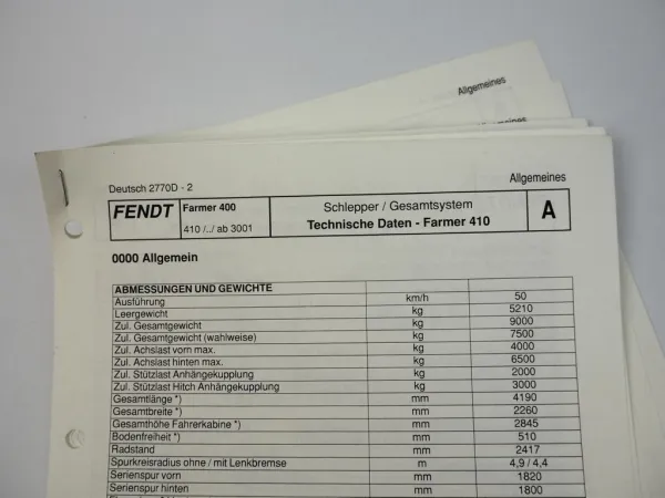 Fendt Farmer 410 Traktor Werkstatt Datenblatt 2002 Technische Daten Anzugswerte