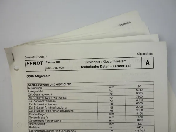 Fendt Farmer 412 Traktor Werkstatt Datenblatt 2002 Technische Daten Anzugswerte