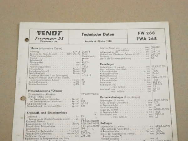 Fendt Farmer 5 S Turbo FW 268 Werkstatt Einstellwerte Technische Daten 1970 A