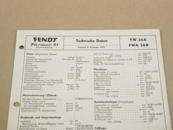 Fendt Farmer 5 S Turbo FW 268 Werkstatt Einstellwerte Technische Daten 1970 B