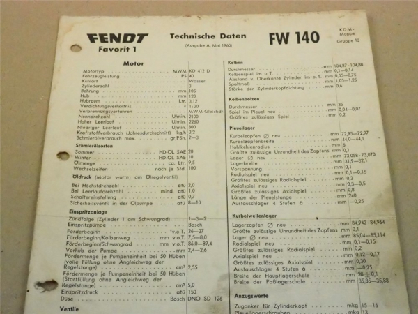 Fendt Favorit 1 FW 140 Werkstatt Einstellwerte Technische Daten 1960