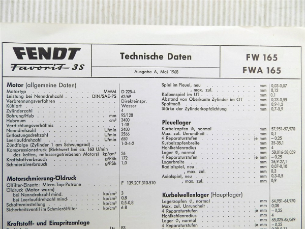 Fendt Favorit 3 S FW 165 FWA 165 Technische Daten Anzugswerte 1968