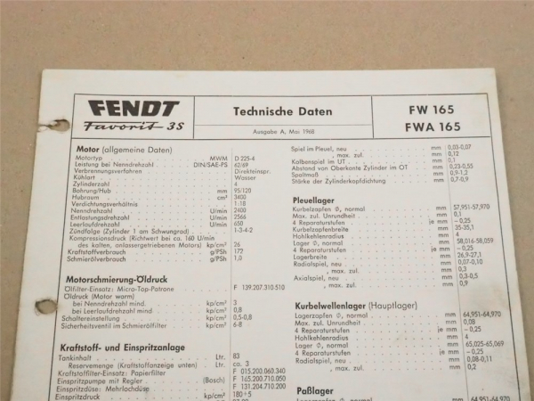 Fendt Favorit 3S FW 165 Werkstatt Einstellwerte Technische Daten 1968