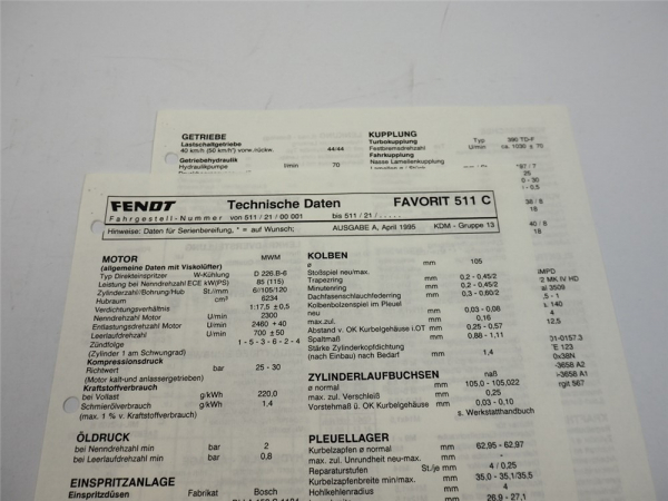 Fendt Favorit 511C Werkstatt Datenblatt 1995 Anzugswerte Technische Daten