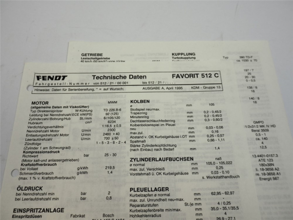 Fendt Favorit 512 C Werkstatt Datenblatt 1995 Anzugswerte Technische Daten