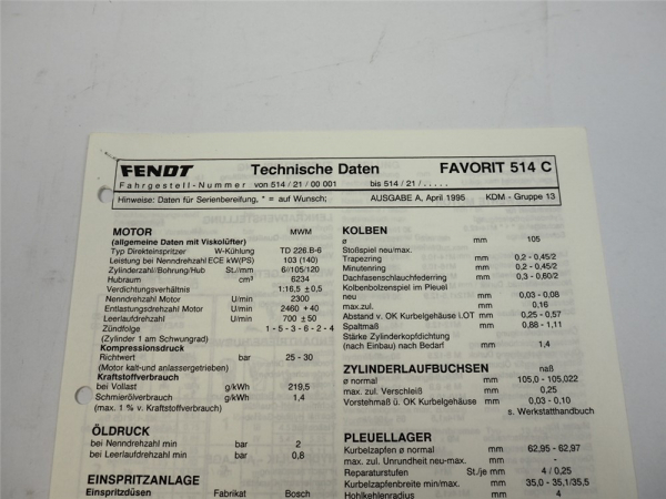 Fendt Favorit 514 C Werkstatt Datenblatt 1995 Anzugswerte Technische Daten
