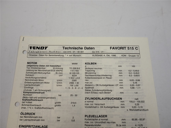 Fendt Favorit 515 C Technische Daten Anzugswerte Datenblatt 1996