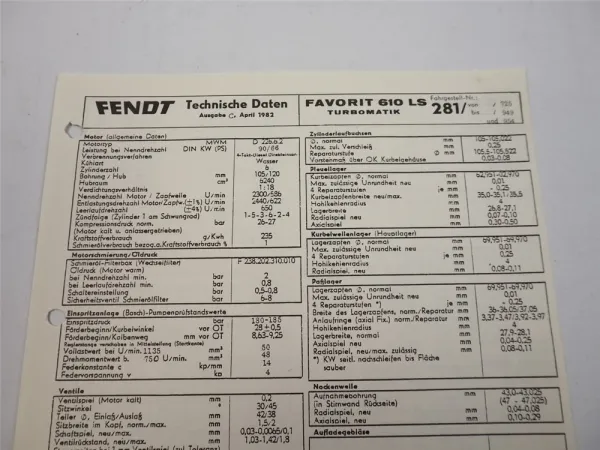 Fendt Favorit 610 LS 281 Technische Daten Anzugswerte Datenblatt 1982