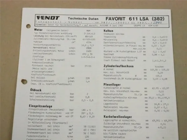 Fendt Favorit 611 LSA (382) Werkstatt Einstellwerte Technische Daten 1985