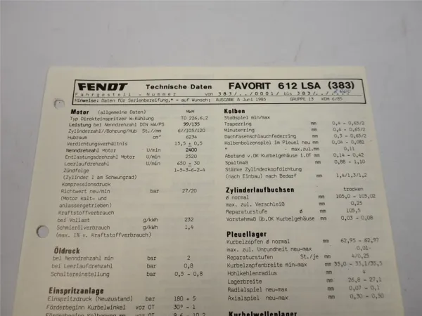 Fendt Favorit 612 LSA 383 Technische Daten Anzugswerte Datenblatt 1985