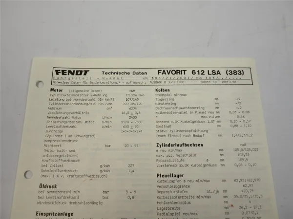 Fendt Favorit 612 LSA 383 Technische Daten Anzugswerte Datenblatt 1988