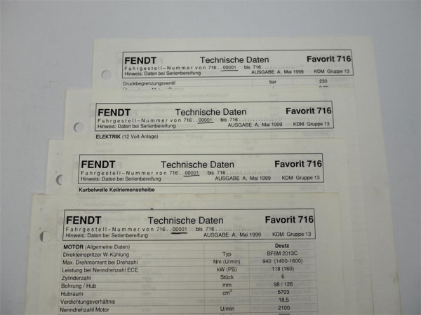 Fendt Favorit 716 Werkstatt Datenblatt 1999 Technische Daten Einstellwerte