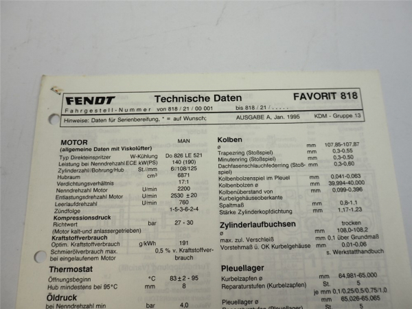 Fendt Favorit 818 Werkstatt Datenblatt 1995 Anzugswerte Technische Daten