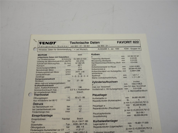 Fendt Favorit 822 Werkstatt Datenblatt 1995 Anzugswerte Technische Daten