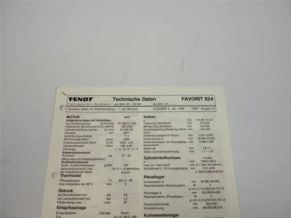 Fendt Favorit 824 Werkstatt Datenblatt 1995 Anzugswerte Technische Daten