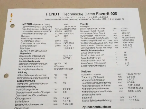 Fendt Favorit 920 Werkstatt Einstellwerte Technische Daten 1998